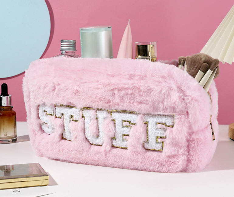 Furry Cosmetic Bag With Patches